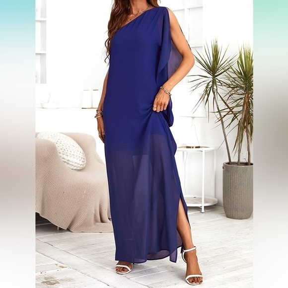 NWT Small  One Shoulder Maxi Dress Loose Waist Short Sleeve Ruffle Vacation - Picture 3 of 4